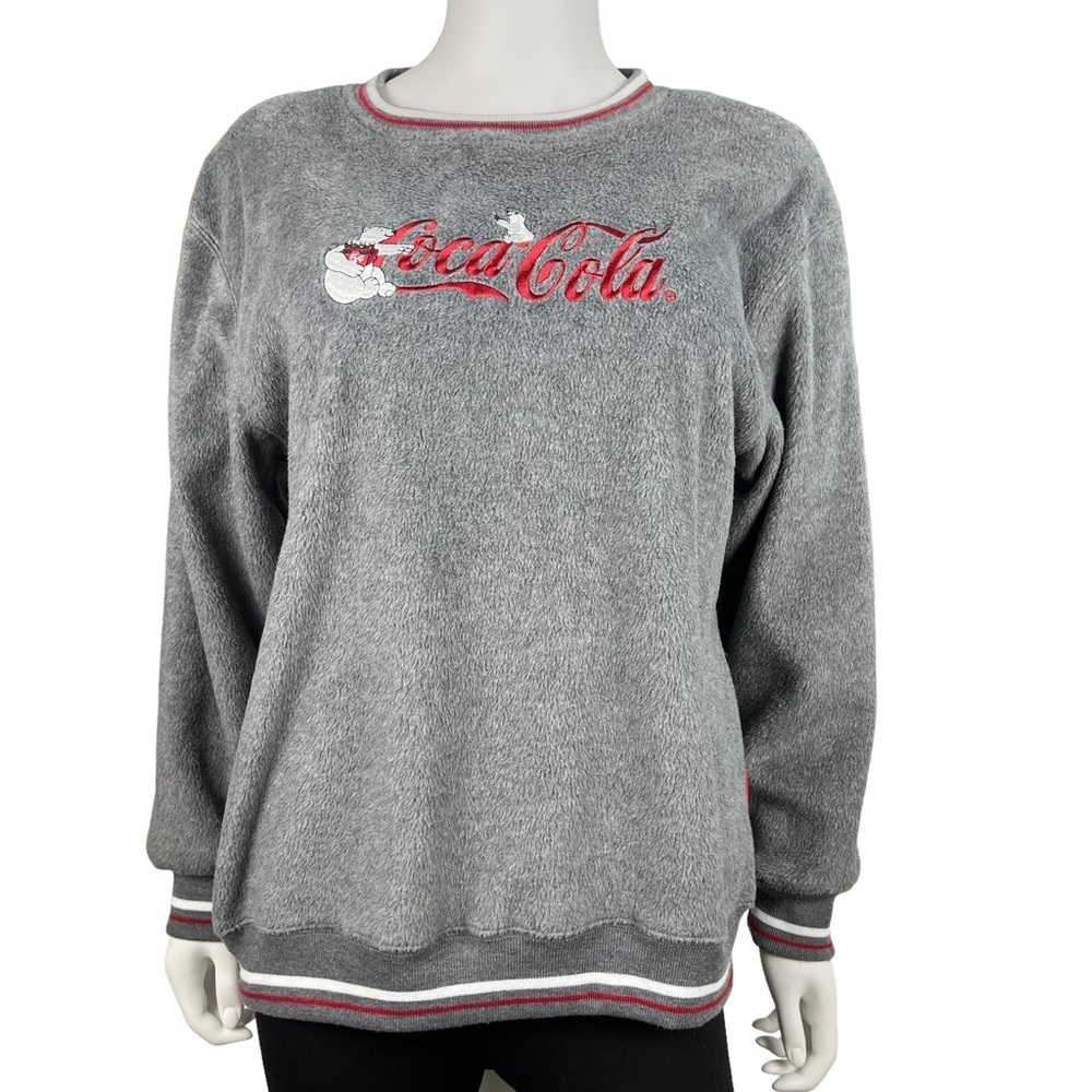 Vintage 90s Coca Cola Gray Fuzzy Crew Neck Sweater Size M (7/9)‎